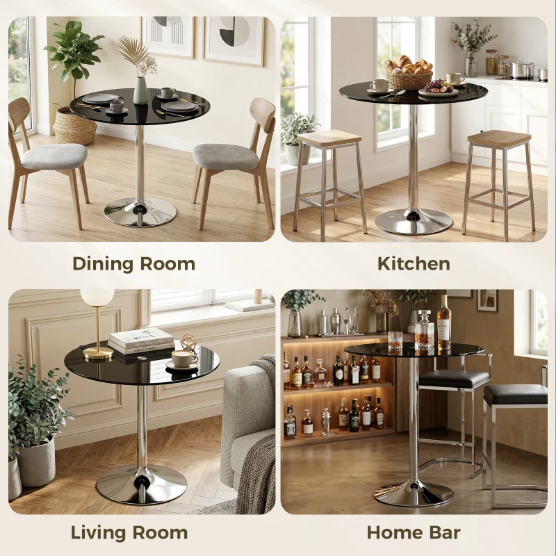 HOMCOM Round Bar Table, Modern Dining Table with Tempered Glass Top and Steel Frame for 4, 80 x 80 x 77cm, Black
