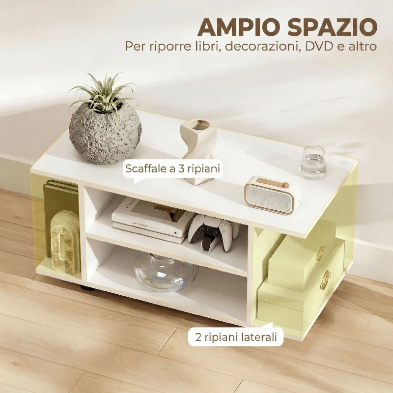 HOMCOM Mobile Porta TV Moderno con Ripiani, Ruote Girevoli e Freni, 80x40x40 cm, Bianco