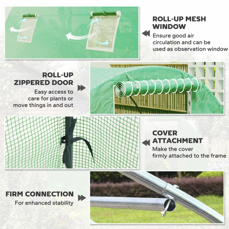 Outsunny Tunnel garden greenhouse 9 m² 4 windows, roll-up zippered door galvanized steel frame, PE cover 300 x 300 x 200 cm green