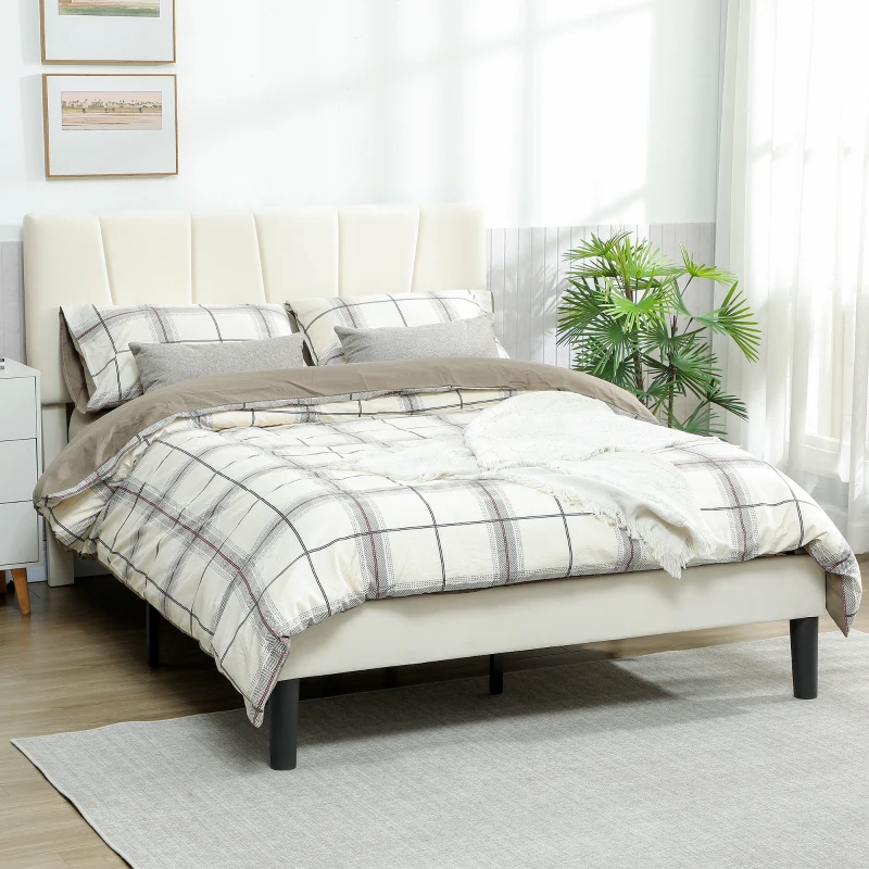 HOMCOM Cadre de lit double 140 x 190 cm lit 2 personnes tête de lit réglable sommier 150 x 198 x 101/106/111/116/121 cm crème