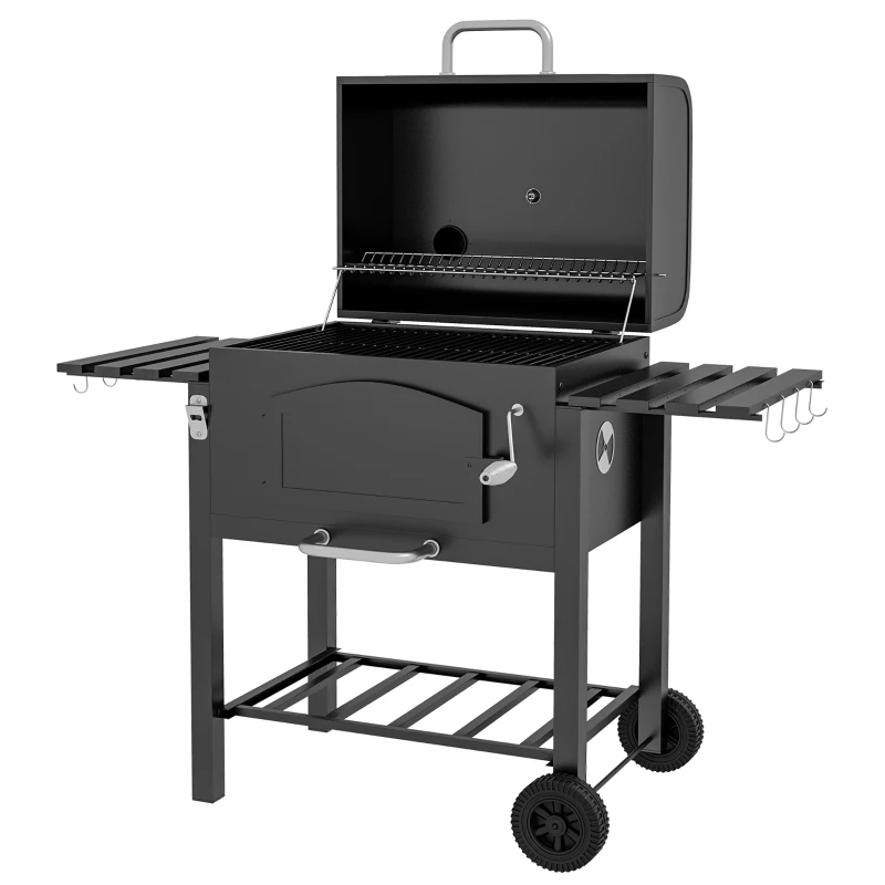 Outsunny Charcoal Grill BBQ Trolley with Adjustable Charcoal Height, Charcoal Stove for Pot, Garden Smoker Barbecue with Folding Shelves, Thermometer on Lid, Bottle Opener and Wheels