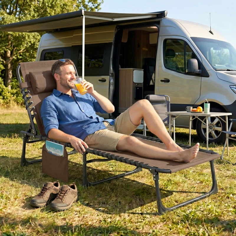 Outsunny Espreguiçadeira Dobrável de Jardim com Encosto Ajustável Apoio para Cabeça Acolchoado Bolso Lateral 185x58x30 cm Marrom