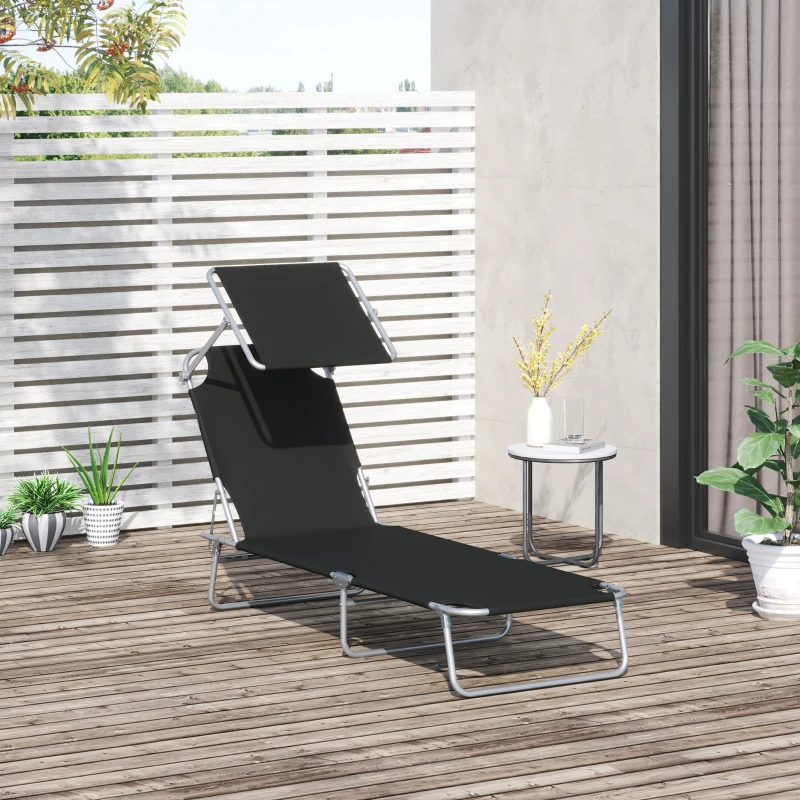 Outsunny Lettino Prendisole da Giardino Pieghevole e Regolabile con Tettuccio in Tessuto Nero, 187x58x50 cm