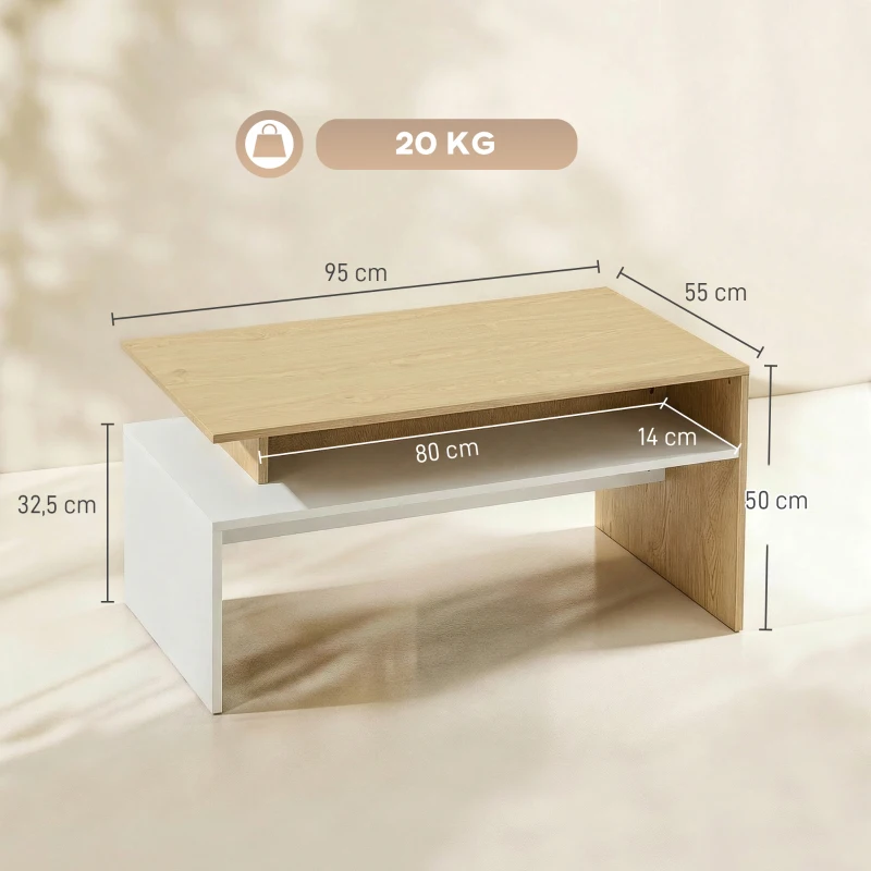 HOMCOM Mesa baja para Salón con Compartimento para Salón Sala de Estar 95x55x50 cm Natural y Blanco
