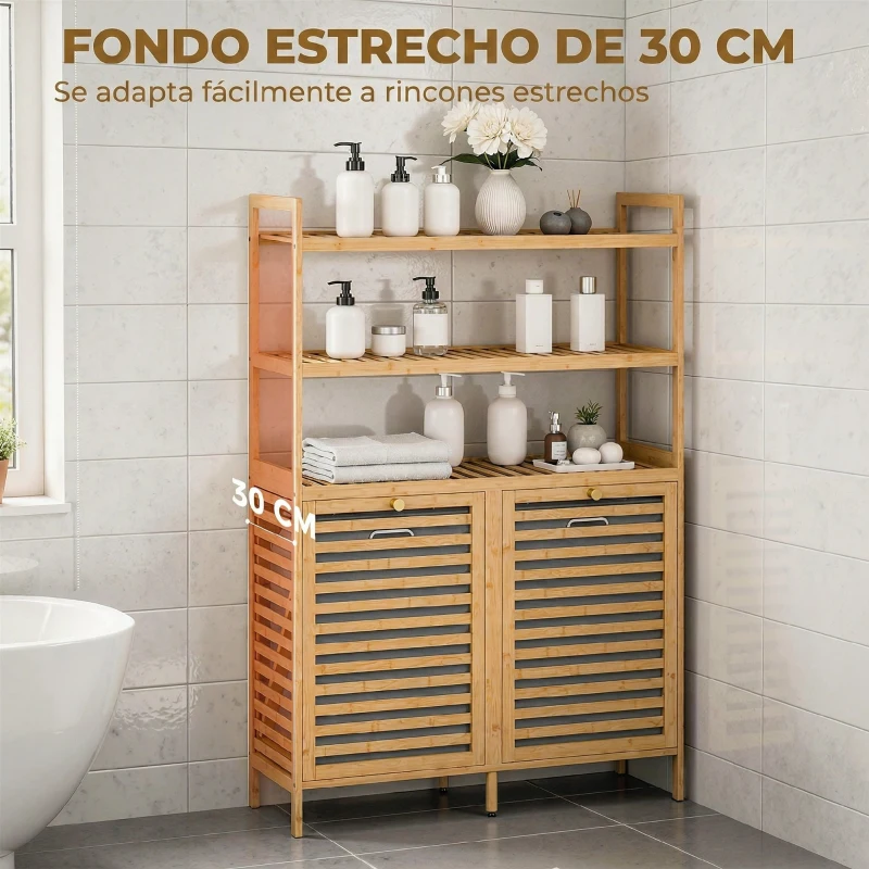 HOMCOM Estantería de Baño de Bambú con 2 Cestos para Ropa Sucia Inclinables 38,7 L y 3 Estantes 80x30x118 cm Roble