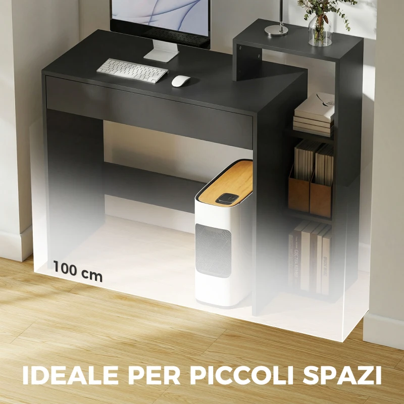 HOMCOM Scrivania PC Moderna con 3 Ripiani Aperti e Cassetto, in Legno Nero, 100x40x90 cm