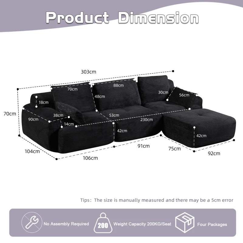Modernes Sofa aus komprimiertem Memory-Schaumstoff, große Sofagarnitur für das Wohnzimmer, haustierfreundliches modulares Sofagarnitur Cloud, Cordstoff, kein Zusammenbau erforderlich, schwarz