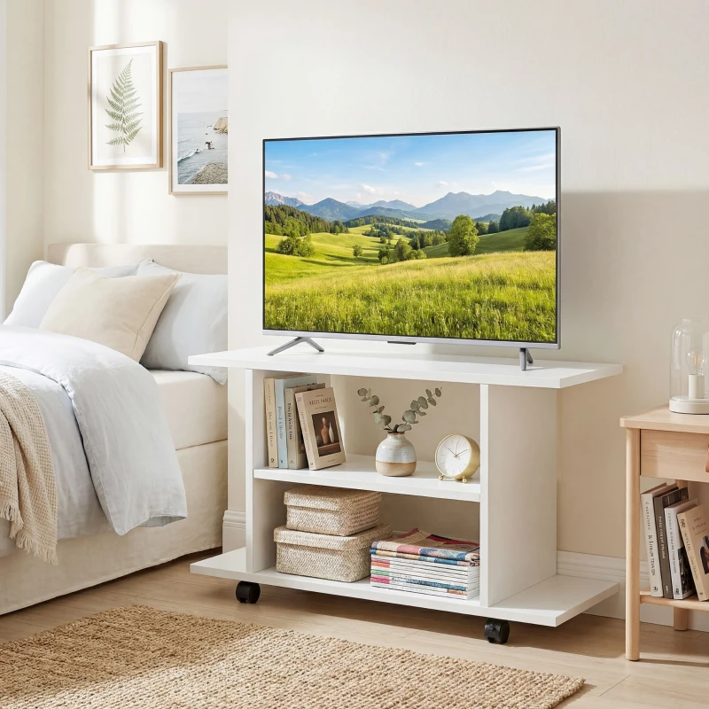 HOMCOM Mobile Porta TV Moderno con Ripiani, Ruote Girevoli e Freni, 80x40x40 cm, Bianco