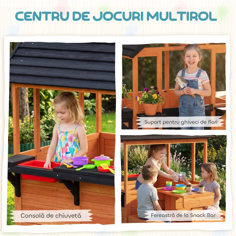 AIYAPLAY Căsuță de Grădină pentru Copii din Lemn de Molid, Căsuță pentru Exterior cu Masă, Bănci, Chiuvetă, Ușă pe Jumătate, Suport Ghivece, Fereastră Snack Bar, 3-8 Ani, 166x113x140 cm, Maro Deschis