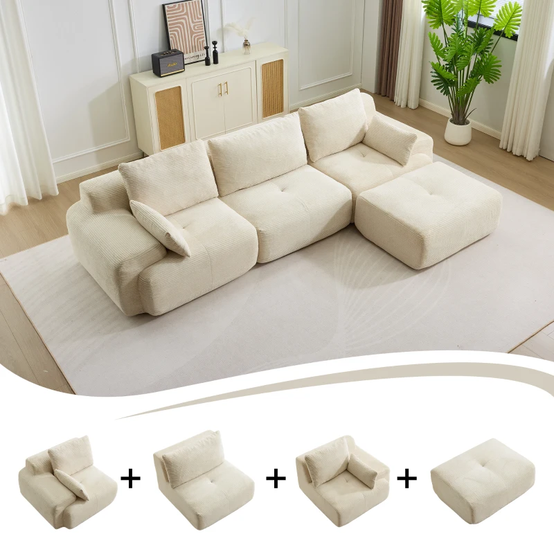 Modernes Sofa aus komprimiertem Memory-Schaumstoff, große Sofagarnitur für das Wohnzimmer, haustierfreundliches modulares Sofagarnitur Cloud, Cordstoff, kein Zusammenbau erforderlich, Beige