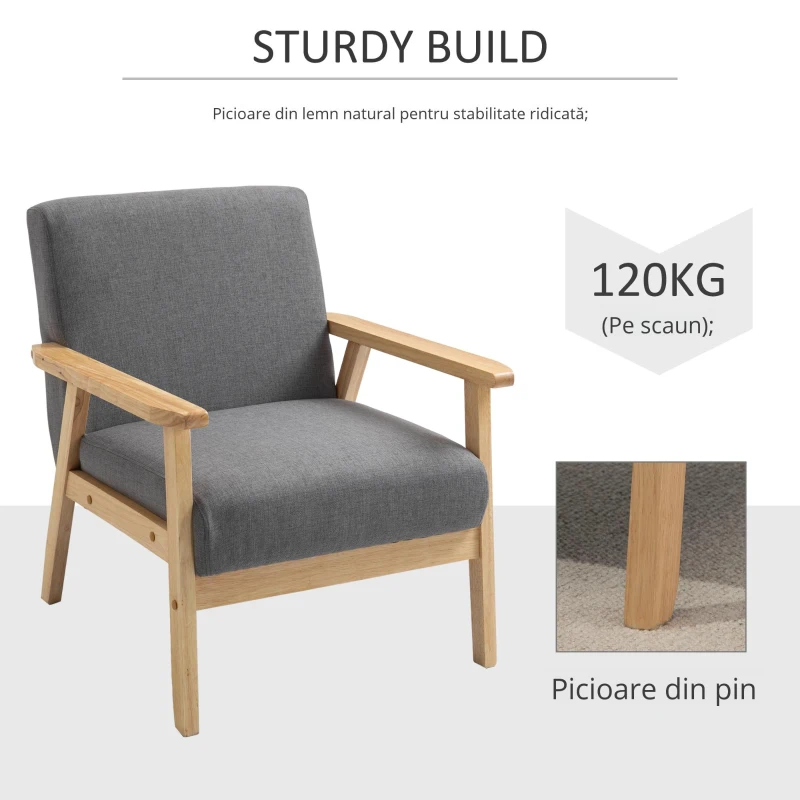 HOMCOM Fotoliu cu design scandinav, fotoliu de accent din lemn masiv cu aspect de in, 64 cm x 70 cm x 72 cm, gri