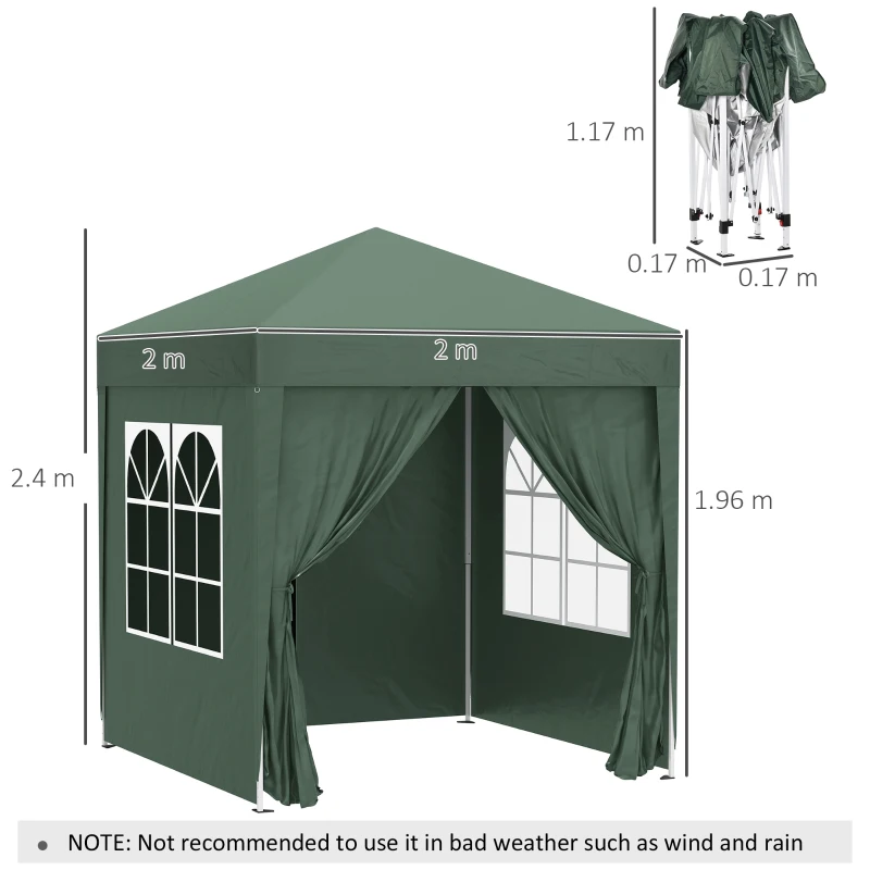 Outsunny 2 x 2m Pop Up Gazebo, w/Side Walls, Windows-Green(m-3)