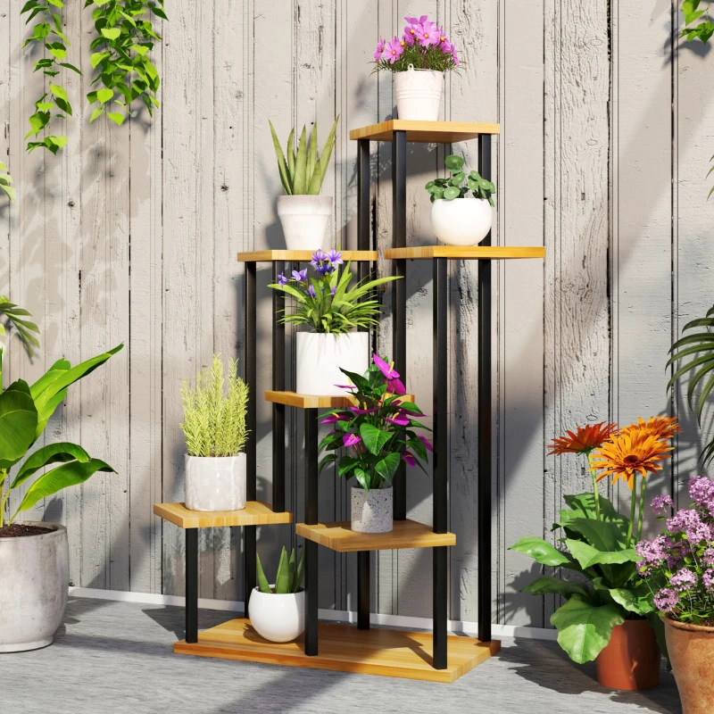 Outsunny Support à plantes à 7 niveaux pour intérieur et extérieur, étagère plante en acier et bois, bois naturel