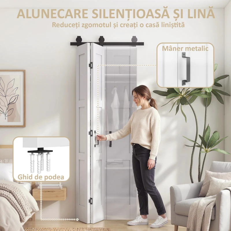 HOMCOM Ușă Culisantă Pliabilă pentru Interior 71.2x213.4cm, Șină Silențioasă din Oțel, Mâner, Ghidaj, Role, Ușă de Interior Rustică, din MDF și Lemn de Pin, Impermeabilă, pentru Bucătărie, Baie