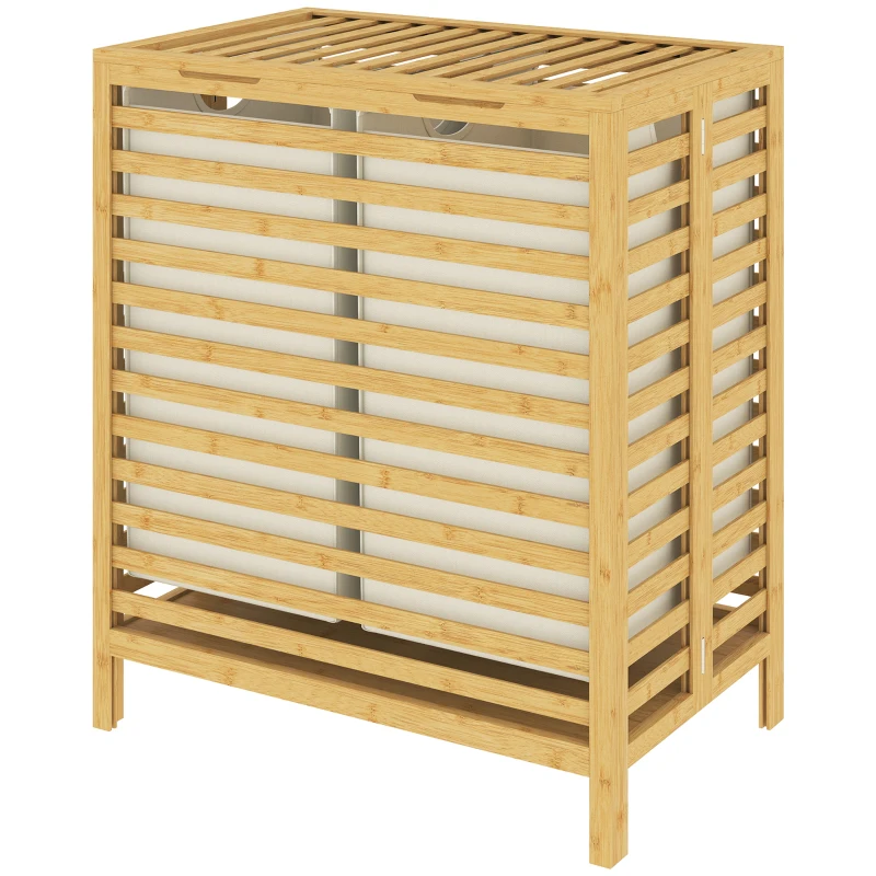 HOMCOM Cesto Portabiancheria in Bambù 64L con Coperchio, 2 Sacche in Tessuto Oxford Rimovibili e Lavabili, Color Legno