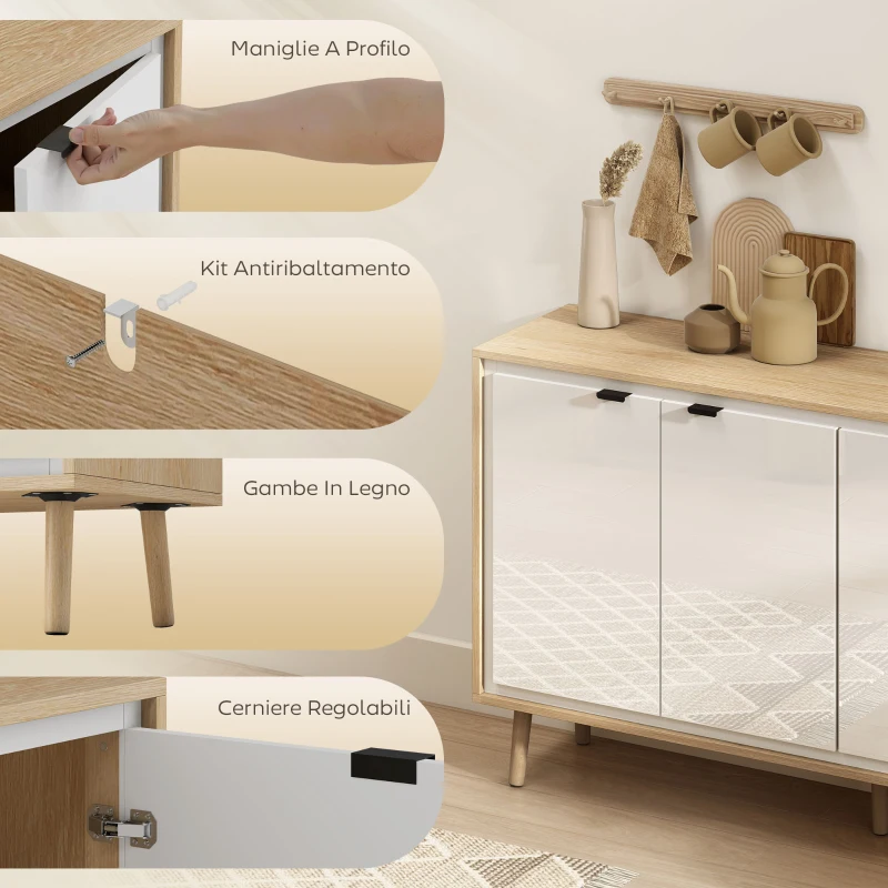 HOMCOM Credenza Moderna a 4 Ante con Ripiano Regolabile, 141x35x77 cm, Bianco Lucido e Rovere