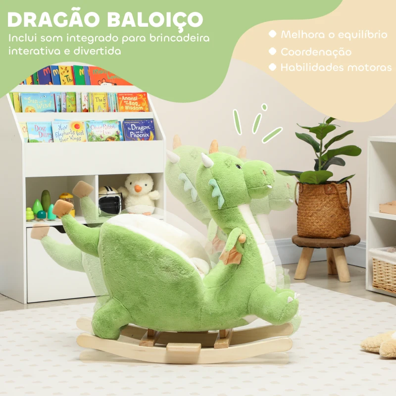 AIYAPLAY Baloiço para Bebés com Som de Dragão Base de Madeira Cinto de Segurança para Crianças de 18-36 Meses 65x38x72 cm Verde