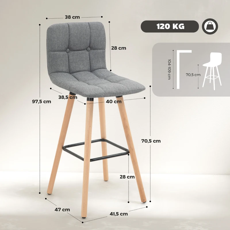 HOMCOM Lot de 2 tabourets de bar, chaises de bar capitonnées avec dossier et repose-pieds, pieds en bois, 41,5x47x97,5cm, gris