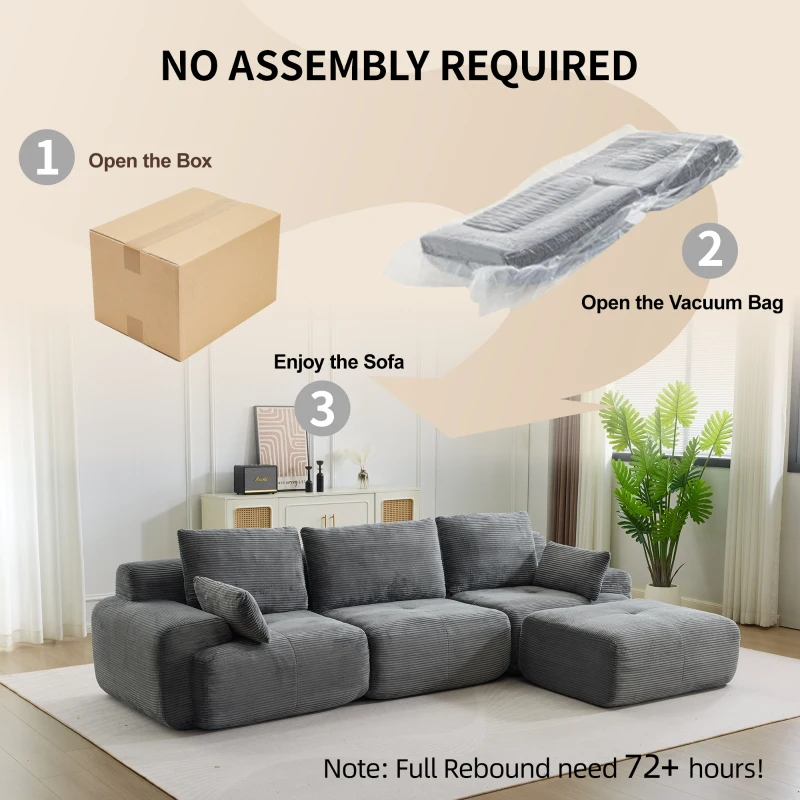 Modernes Sofa aus komprimiertem Memory-Schaumstoff, große Sofagarnitur für das Wohnzimmer, haustierfreundliches modulares Sofagarnitur Cloud, Cordstoff, kein Zusammenbau erforderlich, GRAU
