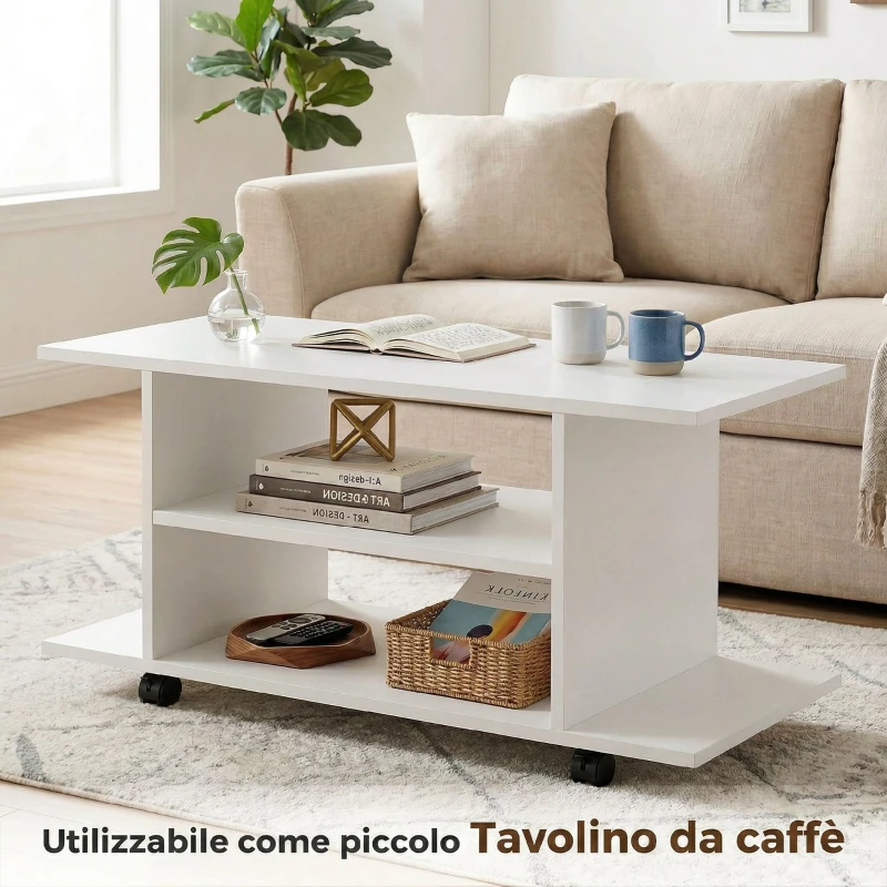 HOMCOM Mobile Porta TV Moderno con Ripiani, Ruote Girevoli e Freni, 80x40x40 cm, Bianco