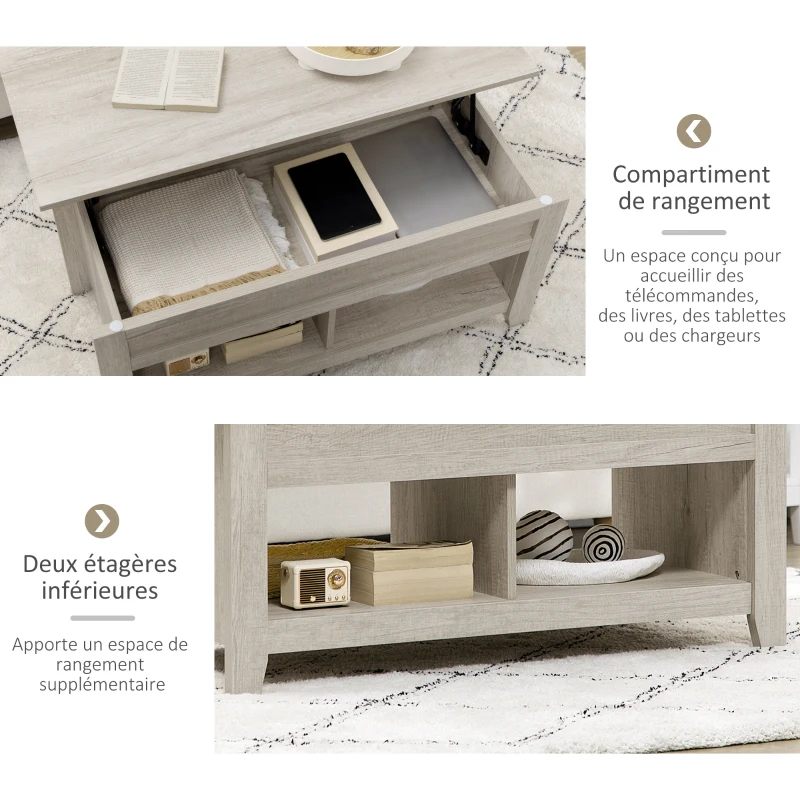 HOMCOM Table basse plateau relevable, table de salon avec étagères et compartiment caché,105 x 50 x 49-62,5 cm pour salon, chambre, aspect chêne clair