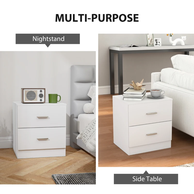 HOMCOM Set of 2 Modern Nightstands, Bedside Tables with 2 Storage Drawers, Accent End Table for Bedroom and Living Room, White