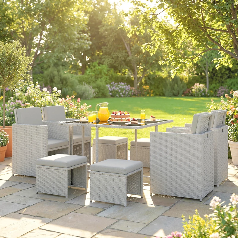 Outsunny 9 Piece Rattan Cube Garden Furniture Dining Set with Armchairs, Footstools and Glass-Top Table, Light Grey