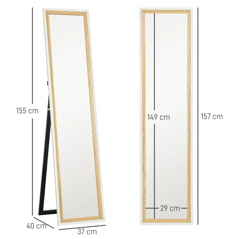 HOMCOM Miroir de sol pleine longueur miroir sur pied avec cadre en effet bois, montage sol, suspendu, appuyé, 157 x 37 cm blanc