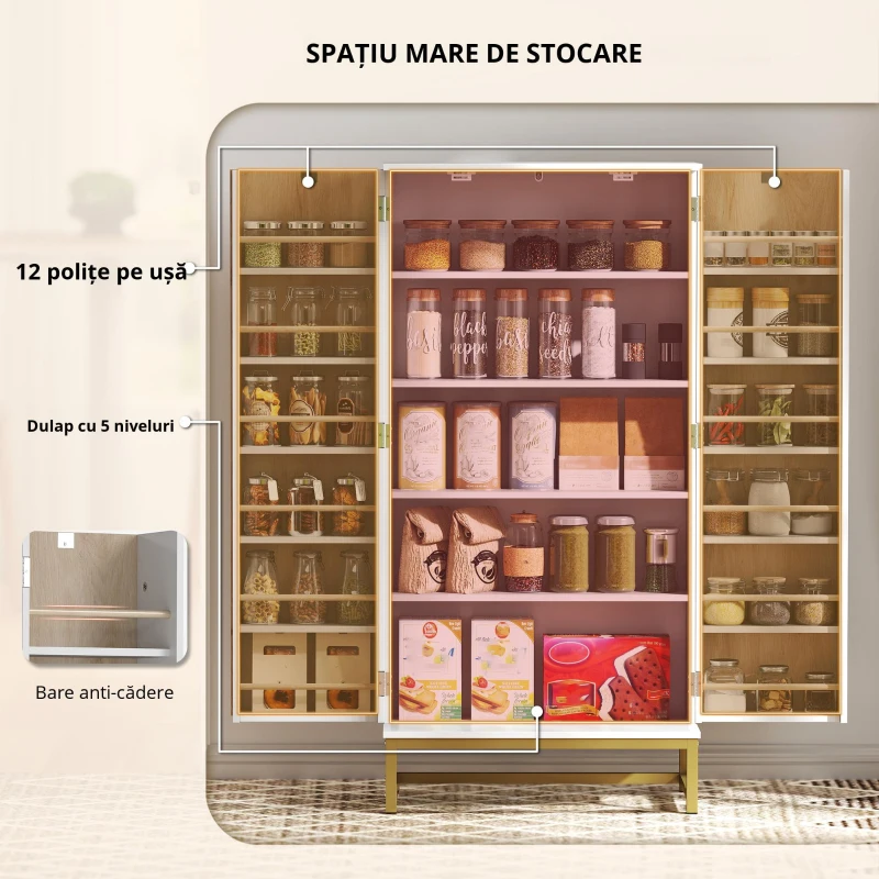 HOMCOM Dulap de bucătărie mobilier pentru depozitare cu 12 rafturi cu uși, rafturi ajustabile, 58x29x119,5cm, alb