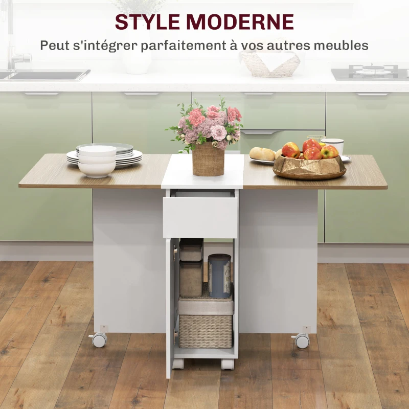 HOMCOM Table à manger pliable pour 6 personnes, table de cuisine sur roulettes avec 2 tiroirs 2 placards, 140x76x74cm, blanc