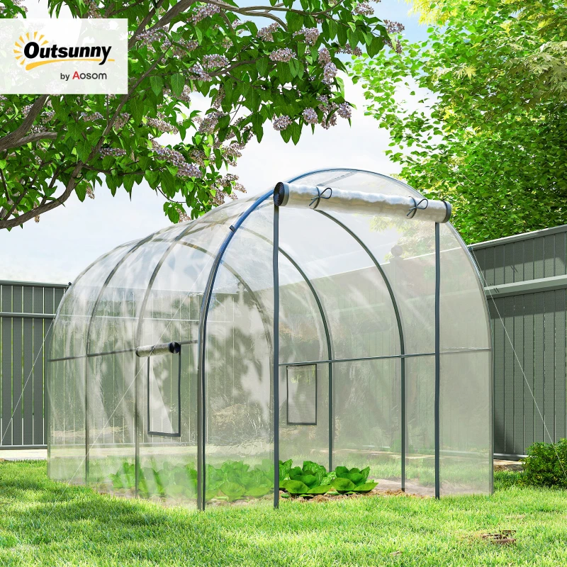 Outsunny Polytunnel Greenhouse Walk-in Grow House with Plasric Cover, Door, Mesh Window and Steel Frame, 3 x 2 x 2m, Clear