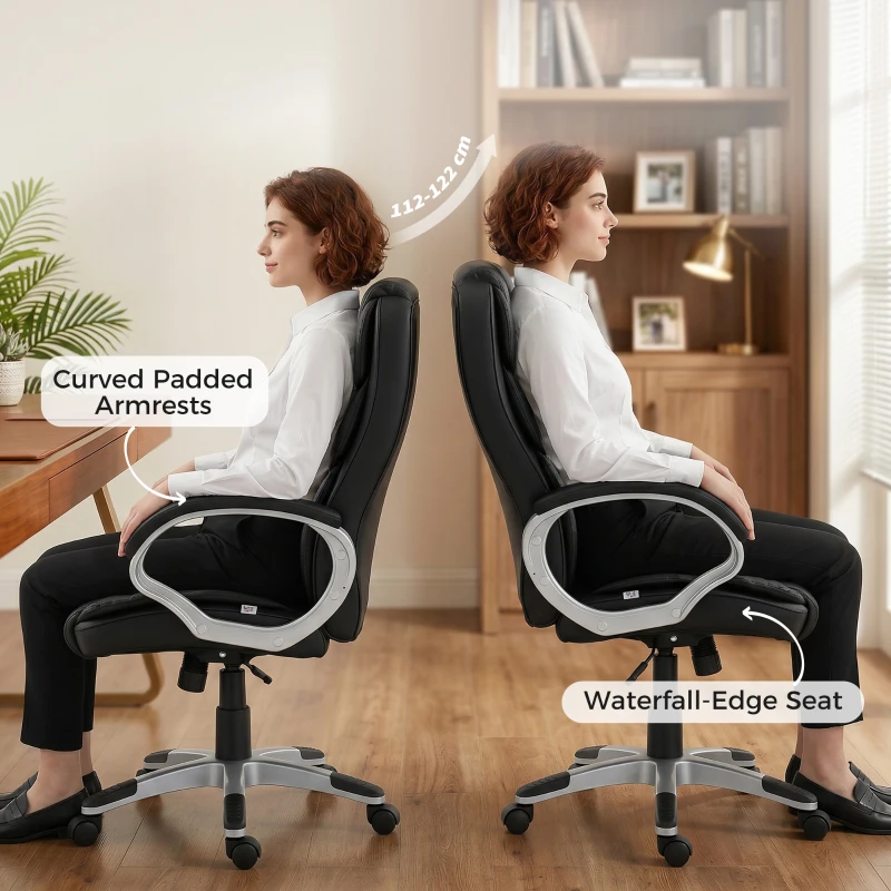 HOMCOM Scaun Birou Ergonomic Rotativ din Piele PU, Funcție Legănare, Înălțime Reglabilă, Capacitate 120kg, Negru