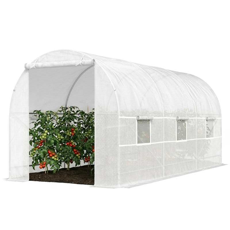 Outsunny Serre tunnel de jardin 9m², serre de jardin tunnel avec porte et 6 fenêtres, bâche PE 140 g/m² 445 x 200 x 200 cm blanc