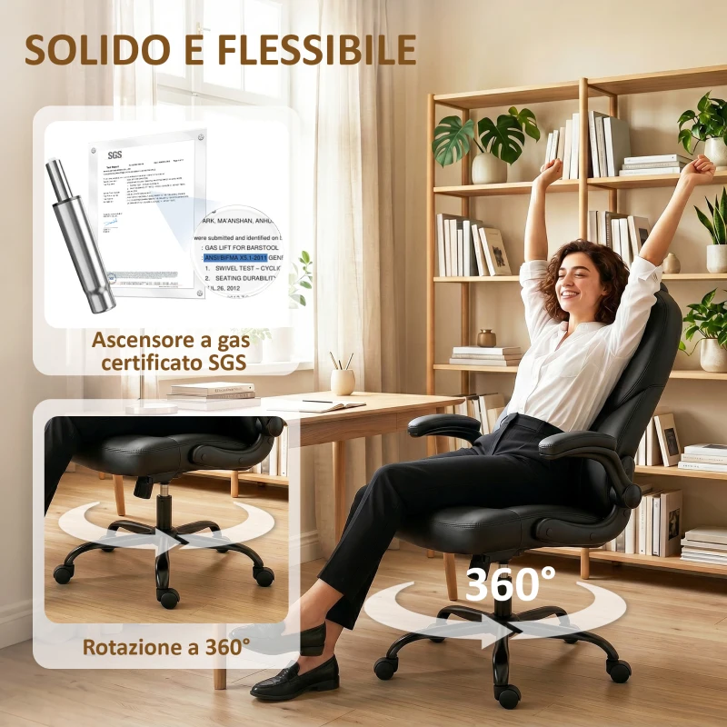 HOMCOM Silla de Oficina Giratoria, Función Oscilante, Reposabrazos Abatibles, Respaldo Alto, Altura Regulable, Negro