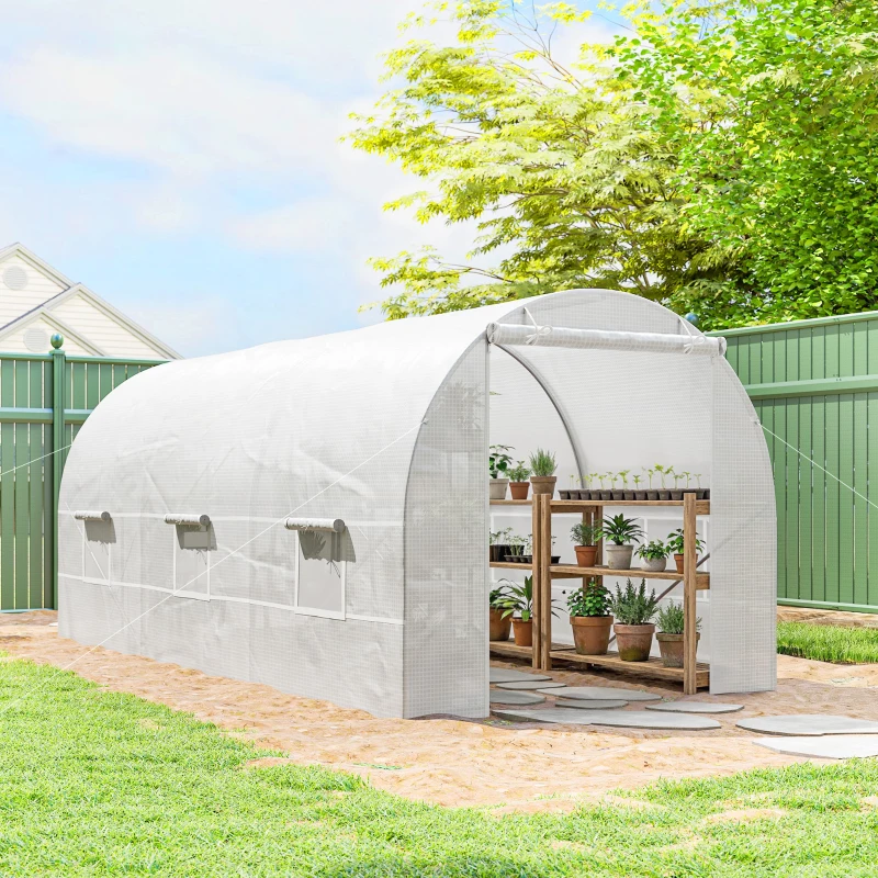 Outsunny Serre tunnel de jardin 9m², serre de jardin tunnel avec porte et 6 fenêtres, bâche PE 140 g/m² 445 x 200 x 200 cm blanc