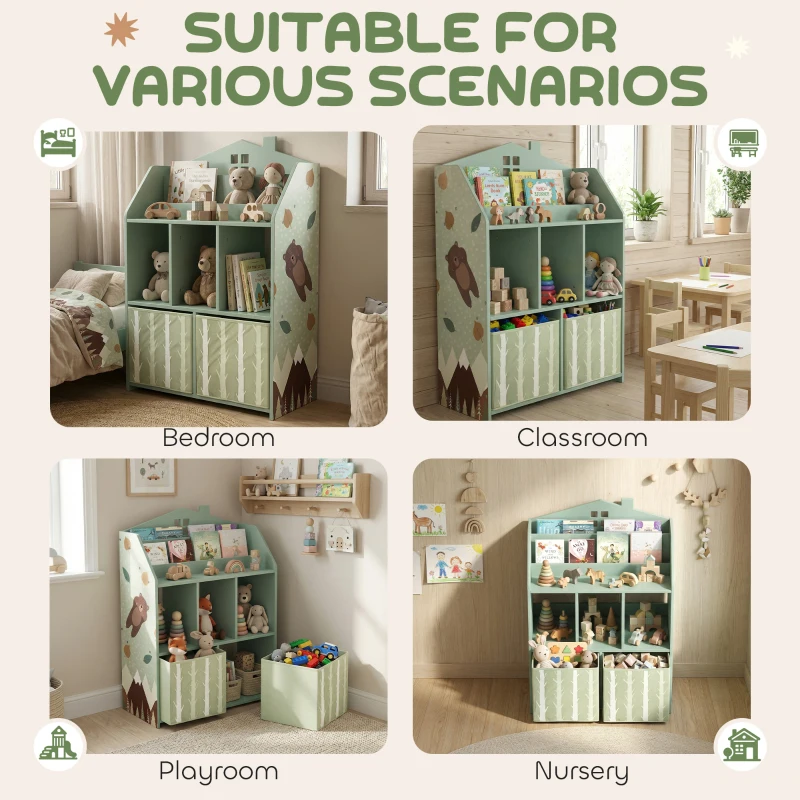 AIYAPLAY Kids Bookshelf with Storage, Toy Storage Unit with Book Display, Shelves and Fabric Drawers for Playroom Nursery, Green