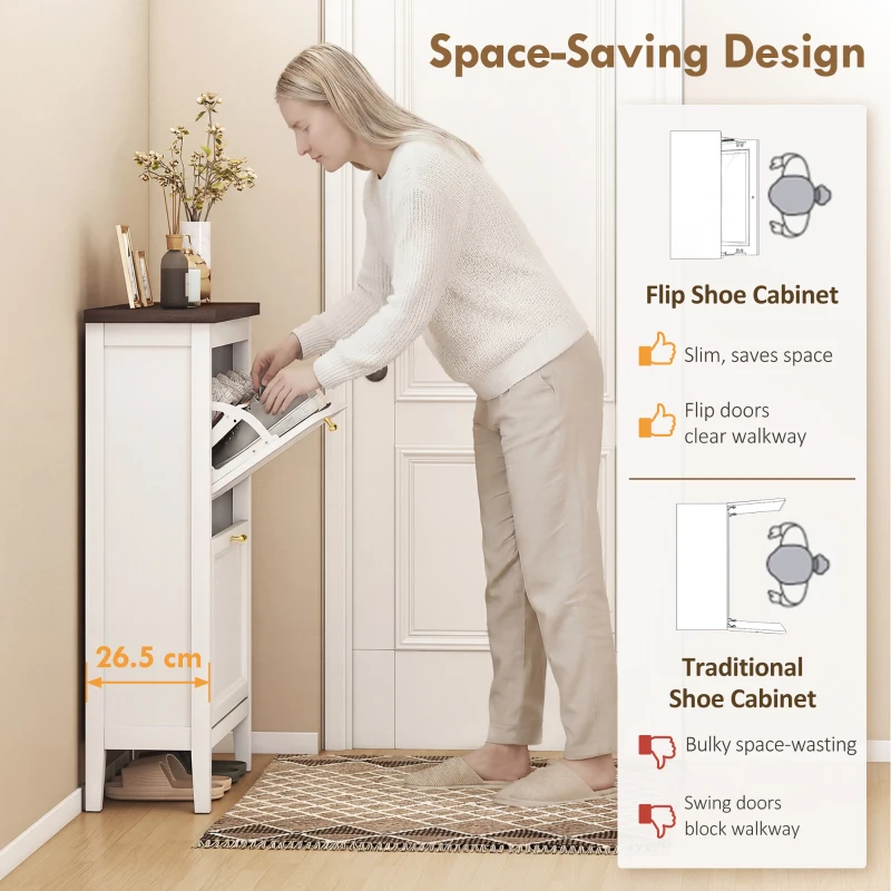 HOMCOM Shoe Cabinet with 2 Flip Drawers, Farmhouse Narrow Shoe Storage Cabinet with Adjustable Shelves, White