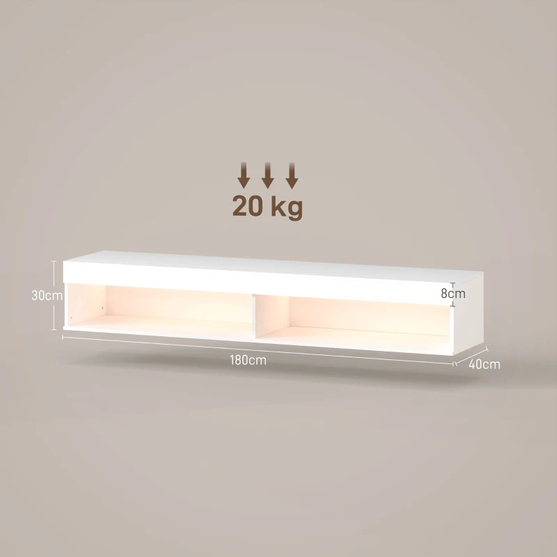 HOMCOM Meuble TV suspendu mural avec éclairage LED pour téléviseurs jusqu'à 75 pouces, étagères, 180L x 40l x 30H cm, blanc