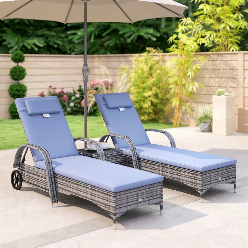 Outsunny 2 Seater Rattan Sun Lounger Set with Side Table-Grey