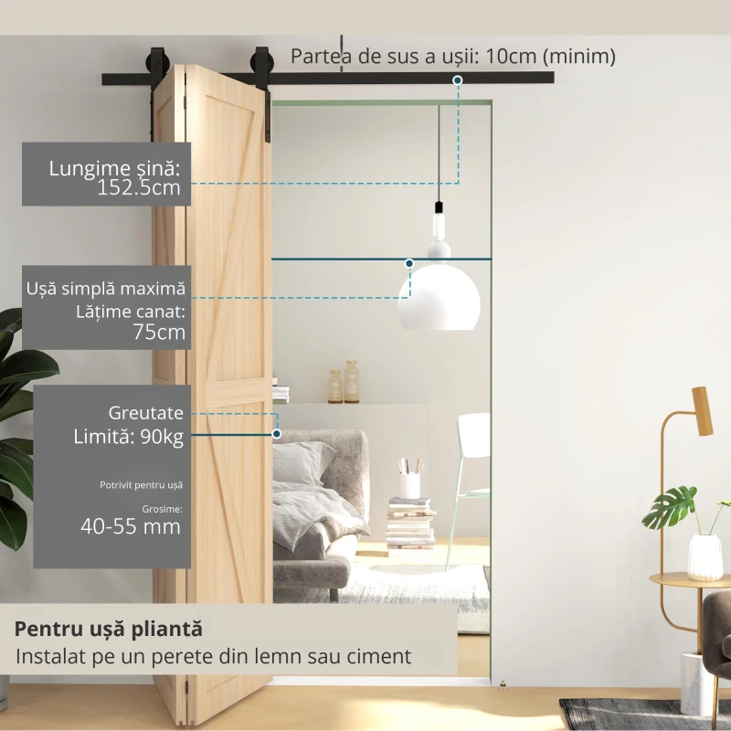 HOMCOM 152,5 CM Kit de Sine pentru Usa Glisanta Pliabila in Otel Carbon pentru 2 Usi