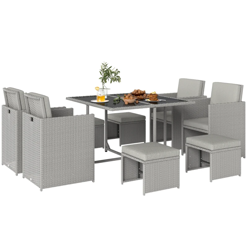 Outsunny 9 Piece Rattan Cube Garden Furniture Dining Set with Armchairs, Footstools and Glass-Top Table, Light Grey
