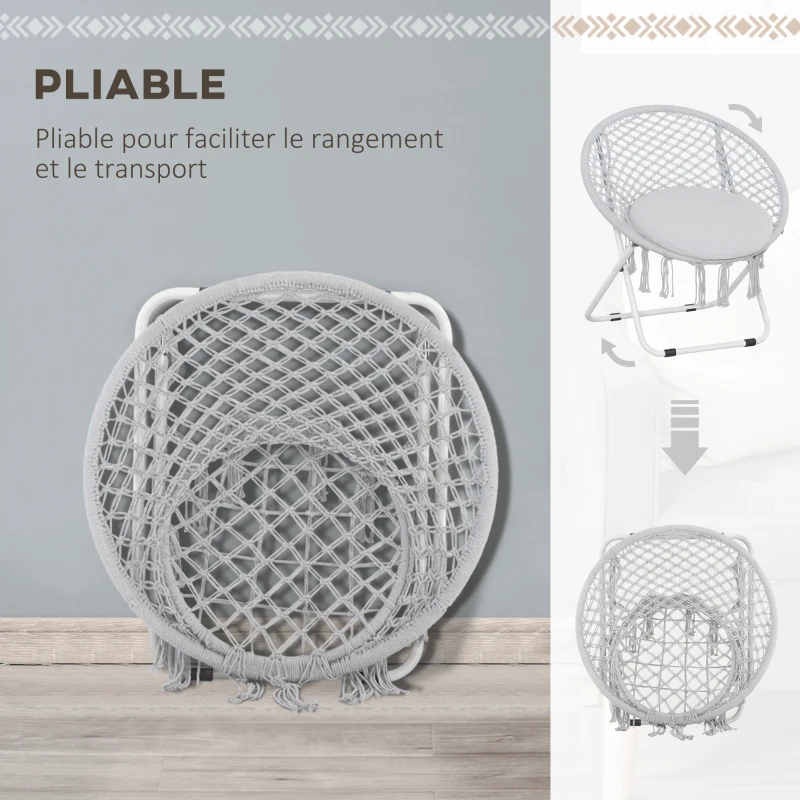 Outsunny Loveuse fauteuil rond de jardin fauteuil lune papasan pliable grand confort macramé coton polyester gris