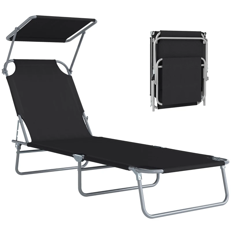 Outsunny Lettino Prendisole da Giardino Pieghevole e Regolabile con Tettuccio in Tessuto Nero, 187x58x50 cm