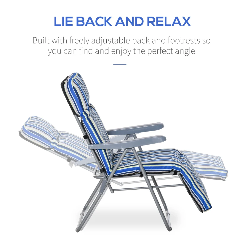 Outsunny Set of 2 Outdoor Reclining Garden Sun Lounger with Cushioned Seat Foldable Adjustable Recliner Blue and White