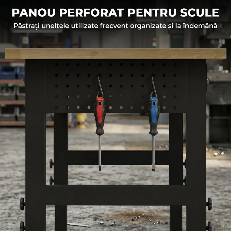 HOMCOM Masă de Lucru Reglabilă 122 cm, Blat Robust din Lemn de Cauciuc, 2 Prize AC și 2 Porturi USB, Panou Perforat, Capacitate 900 kg, pentru Garaj, Atelier și Casă