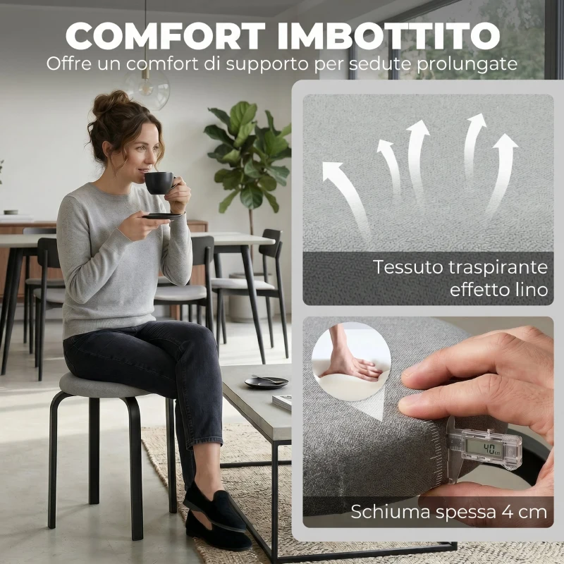 Set di 4 Sgabelli Impilabili HOMCOM Moderni con Cuscino Tondi, Grigio