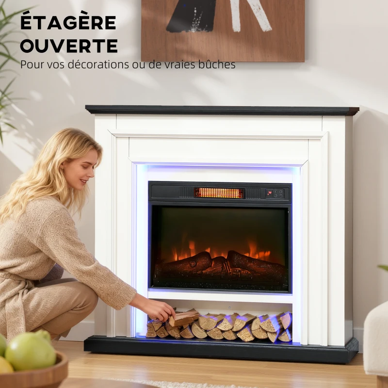 HOMCOM Cheminée électrique 1800W, fausse cheminée décorative lumières LED RGB, effet flamme, manteau, 105 x 27 x 97 cm, noir