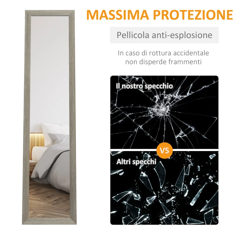 HOMCOM Specchio da Terra Moderno a Figura Intera con Cornice e Supporto, in Legno e Vetro, 37x40x155 cm, Grigio