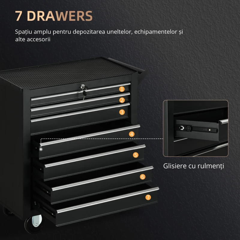 DURHAND Cărucior Atelier cu 7 Sertare, Încuietoare cu Chei, Roți și Mâner, 69x33x75cm, Negru