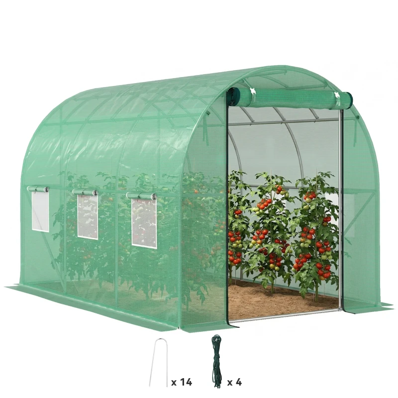 Outsunny Serre tunnel de jardin 3 x 2 x 2 m avec porte enroulable et grandes fenêtres, en acier galvanisé et PE, vert